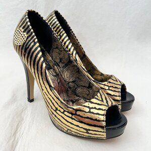 Iron Fist high heels Hands Off Platform Pump gold black peep toe 38 7 hearts